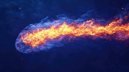 Poster - Colorful abstract digital composition of fiery comet with trails of flame and smoke against a dark cosmic background Copy Space