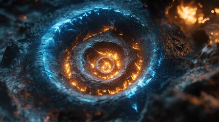 Poster - Abstract spiral formation with glowing blue and orange lights on dark rocky surface, high detail and depth, Copy Space available.