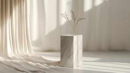 Poster - Minimalist marble pedestal with dried plant against soft fabric drapery and natural light creating gentle shadows and copy space.