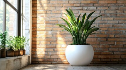 Poster - Modern interior with potted plant on wooden floor beside brick wall and large window with natural light Copy Space