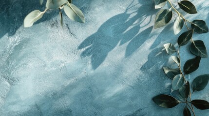 Poster - Textured blue background with green leaves casting shadows and copy space for design use
