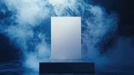 Poster - Blank white panel on a reflective pedestal surrounded by blue fog smoke creating a dramatic atmosphere with Copy Space