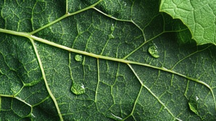 Poster - Close-up of green leaf texture with water droplets on surface, detailed veins visible, natural background with Copy Space for text