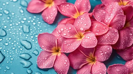 Poster - Close-up of pink plumeria flowers with water droplets on blue background andCopy Space for text.