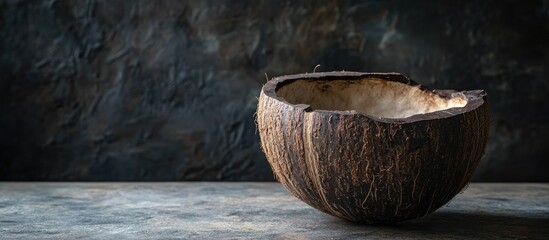Poster - Rustic wooden bowl on a textured surface with a dark background and natural lighting ideal for culinary or decorative use Copy Space