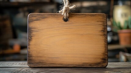 Poster - Wooden Blank Sign Board with Rope Hanger on Rustic Table Background Copy Space