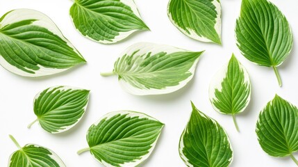 Poster - Fresh green hosta leaves arranged on a white background with ample copy space for text insertion.