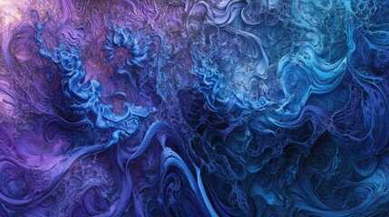 Poster - Abstract swirling blue and purple texture with intricate details and flow patterns ideal for backgrounds Copy Space available