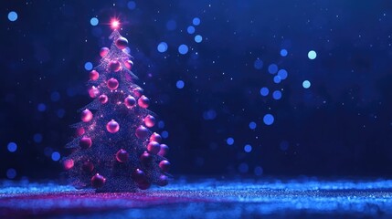 Poster - Christmas tree with colorful ornaments and sparkling bokeh lights on a dark blue background Copy Space