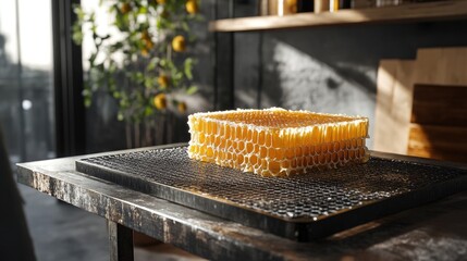 Poster - Honeycomb on a metal tray with natural light highlighting its texture in an indoor setting with greenery in the background Copy Space