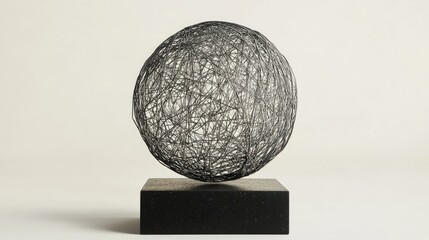 Poster - Abstract black wire sphere sculpture on a solid stone base with neutral background and ample copy space for text placement.