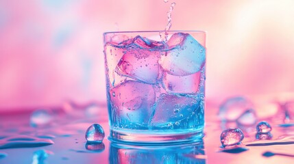 Poster - Glass filled with ice cubes and water with vibrant pink and blue background and droplets on surface Copy Space