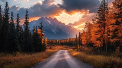 Poster - Autumn landscape with winding road through trees and mountains at sunset sky Copy Space
