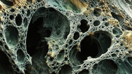 Poster - Abstract macro close-up of intricate cellular structure with hollow cavities and textured surface, featuring earthy tones and detailed patterns, Copy Space.
