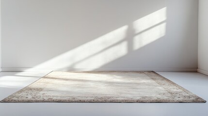 Poster - Minimalist interior with a vintage area rug on a light floor and sunlight casting shadows, featuring ample copy space for text.