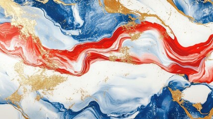 Poster - Colorful abstract marble background with red white blue and gold elements featuring fluid patterns and textures Copy Space