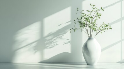 Poster - Minimalist interior design with white vase and green branches casting shadows on light wall Copy Space