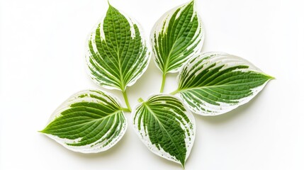 Poster - Variegated green hosta leaves on white background with copy space for text placement