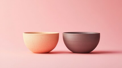 Poster - Two minimalist ceramic bowls in pink and brown placed on a soft pink background with copy space for text.