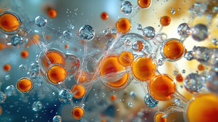 Poster - abstract close-up of colorful bubbles and spheres in a fluid medium with copy space for text placeme