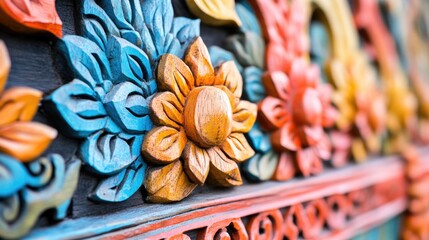 Poster - Colorful wood carvings of flowers and leaves with intricate details on a rustic surface with Copy Space for text placement.