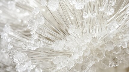 Poster - Close-up of crystalline structure with fine glass-like fibers and glittering droplets on a soft blurred background Copy Space