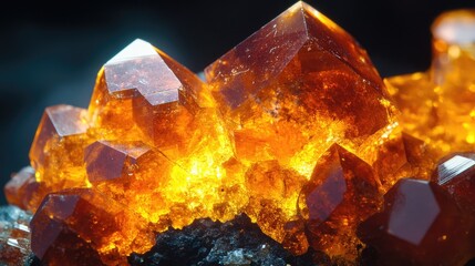 Poster - Close-up of vibrant orange crystal formations with sharp edges and reflective surfaces against a dark background Copy Space