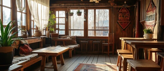 Poster - Cozy Slavic Village Interior with Natural Wood Furniture and Bright Sunlight Streaming through Windows in Warm Earthy Tones