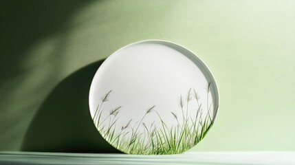 Poster - Decorative plate with grass design on a soft green background featuring copy space for text placement.