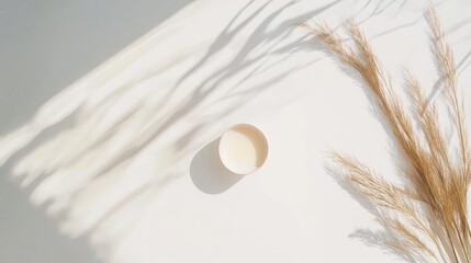 Poster - Minimalist flat lay composition featuring a round candle and dried grass on a neutral background with soft shadows and Copy Space.