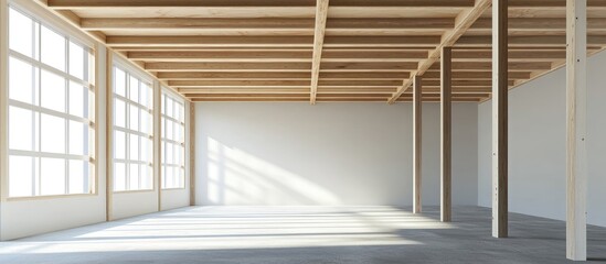 Poster - Empty modern interior space with wooden ceiling beams and large windows providing natural light Copy Space