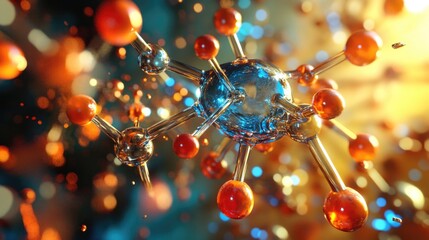 Poster - Colorful abstract representation of molecular structure with metallic and glass elements against a blurred background with copy space.