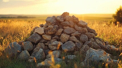 Poster - Rock pile in a field during golden hour with warm sunlight and a blurred grass foreground Copy Space