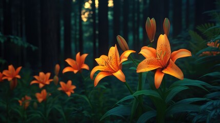 Poster - Vibrant orange lilies blooming in a dark forest with a soft focus background and copy space for text.