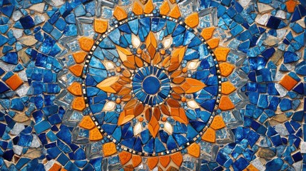 Poster - Colorful mosaic pattern featuring blue and orange tiles arranged in a circular design with geometric shapes and decorative elements Copy Space