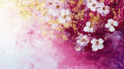 Poster - Pink and White Flowers Abstract Background with Gold Accents and Copy Space
