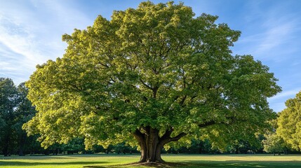 Poster - Large Green Canopy Tree in Open Park Landscape with Clear Blue Sky and Copy Space for Text