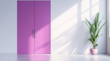 Poster - modern interior design with purple wardrobe doors and potted plant in bright room featuring dramatic