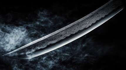 Poster - Close-up of a detailed curved sword with intricate patterns and smoke effect on a dark background featuring Copy Space.