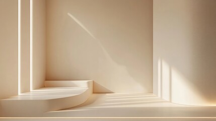 Poster - Minimalist interior space with soft light and smooth curves on beige walls, perfect for modern design presentations Copy Space