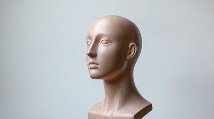 Poster - Realistic wooden mannequin head and shoulders on a neutral background with copy space for text placement