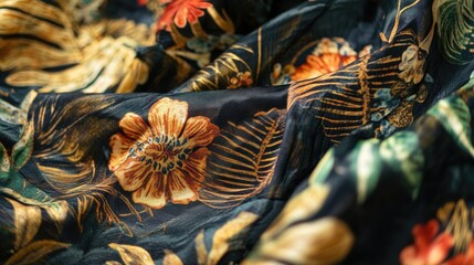 Poster - Floral patterned fabric with intricate designs in black and vibrant colors showcasing detailed flower and leaf motifs with Copy Space available.