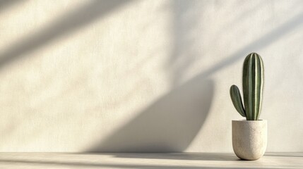 Poster - Minimalist interior with cactus plant in modern pot on table casting shadows on textured wall ideal for background design Copy Space