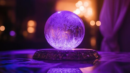 Poster - Illuminated crystal ball with intricate frost patterns on a reflective surface featuring soft purple ambient lighting Copy Space