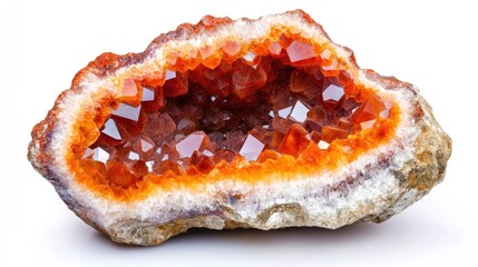 Poster - Geode with vibrant orange and red quartz crystals and white outer layer on white background with Copy Space