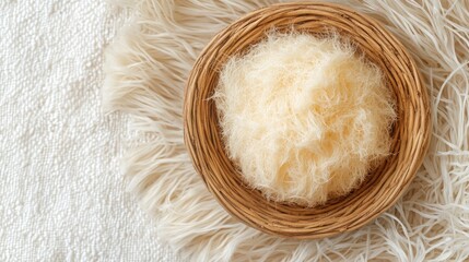 Poster - Soft fluffy texture in a woven basket on a light textured background with copy space for design use