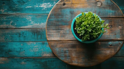 Poster - Green succulent plant in a turquoise pot on a rustic circular wooden table with textured blue surface and copy space for text.