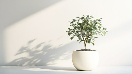 Poster - Indoor potted plant with green leaves in a white modern pot casting a shadow on a light wall with Copy Space