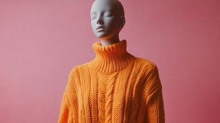 Poster - Orange chunky knit sweater on a minimalist mannequin against a pink background with copy space for text.