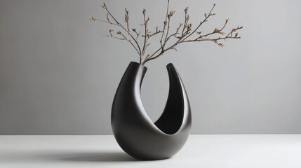 Poster - Modern black ceramic vase with minimalistic design holding bare branches against a gray background Copy Space